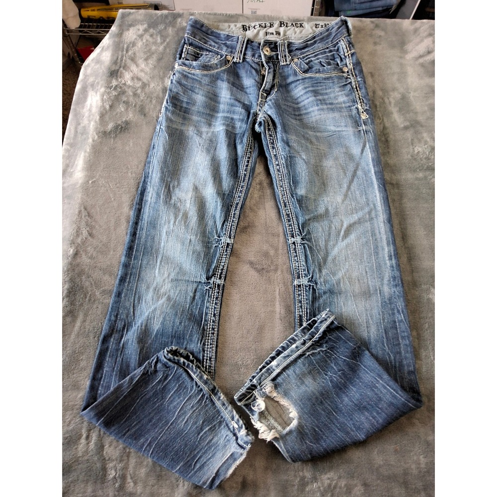 Buckle Black Five Fit Mens Jeans 27x32‎ Blue Medium Wash Straight Leg Distressed
